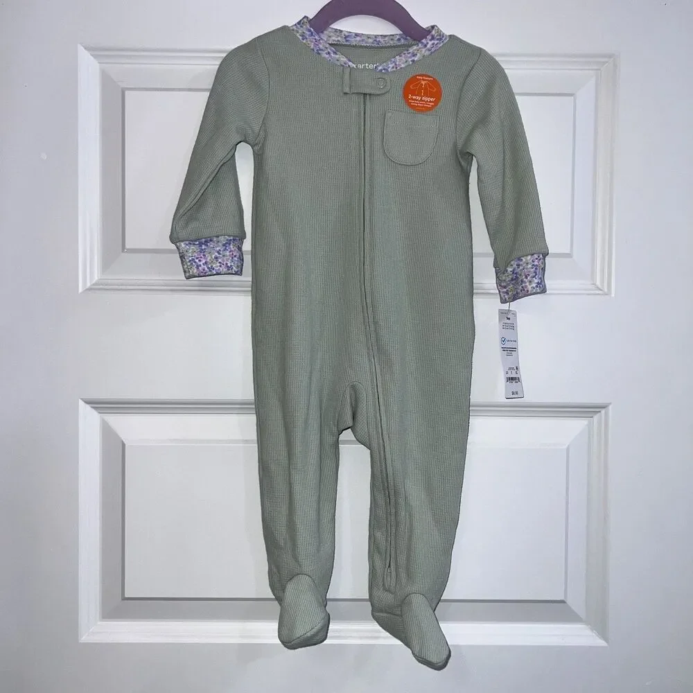 Carters Just One You Sage Green Waffle Knit 2-Way Zip Footed Sleep Play 9M New